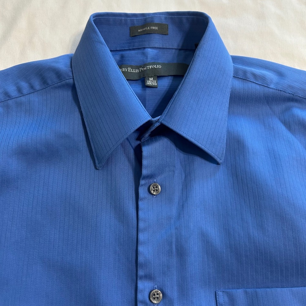 Perry Ellis Portfolio Mens Blue Wrinkle Free Cotton Dress Shirt M 15.5 32/33